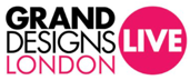 Logo for Grand Designs Live London featuring bold text and a pink circle.
