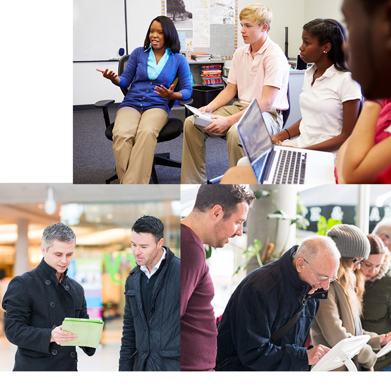 A diverse group of individuals engaged in a discussion in a professional environment, with one person presenting to others.