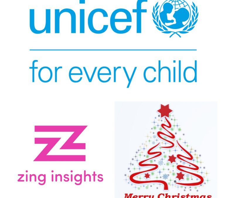 Logos of UNICEF and Zing Insights with a Christmas tree graphic and 'Merry Christmas' text.