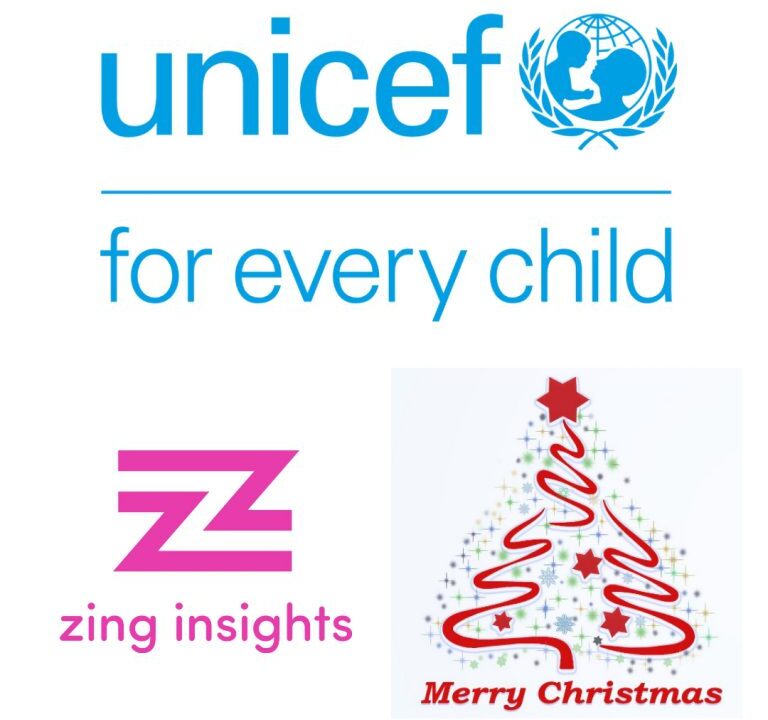 Logos of UNICEF and Zing Insights with a Christmas tree graphic and 'Merry Christmas' text.