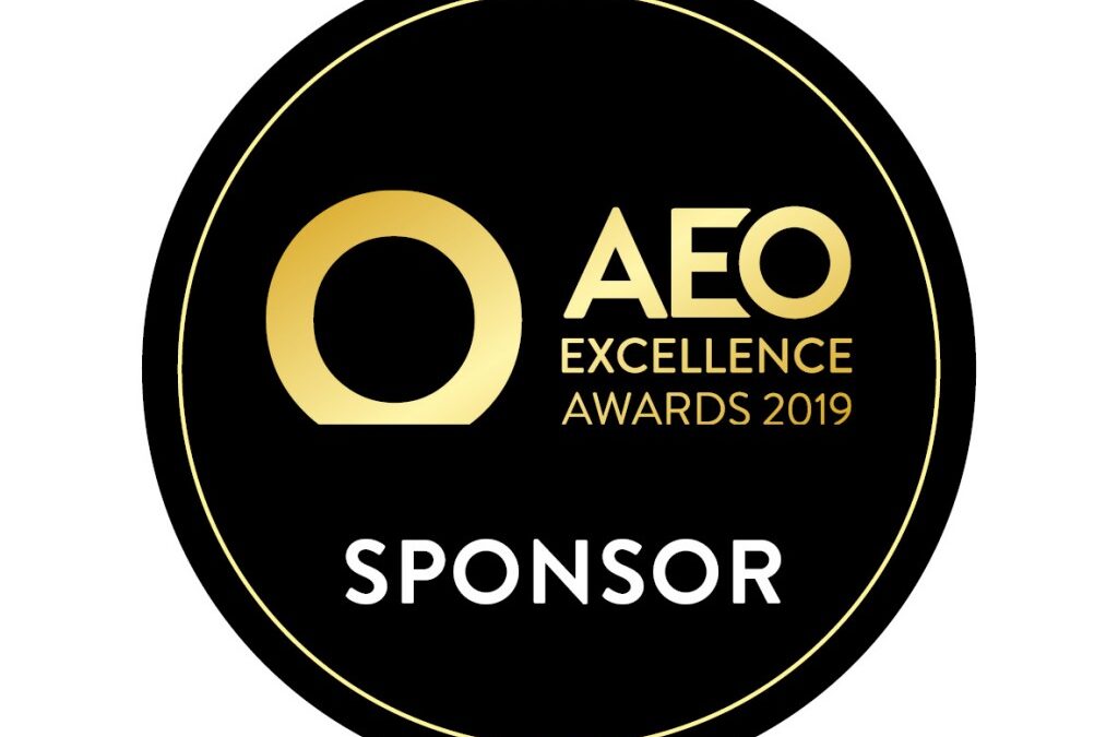 Logo for the AEO Excellence Awards 2019 with a circular design and the word 'SPONSOR'.