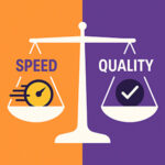 Illustration of a balance scale with speed and quality represented on either side.