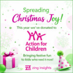 Graphic announcing Christmas donation to Action for Children with festive elements like a gift box and party hat.