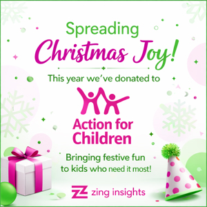 Graphic announcing Christmas donation to Action for Children with festive elements like a gift box and party hat.