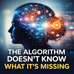 Silhouette profile facing left with blue and orange neural network glow and connected data nodes, reflecting The algorithm doesn't know what it's missing