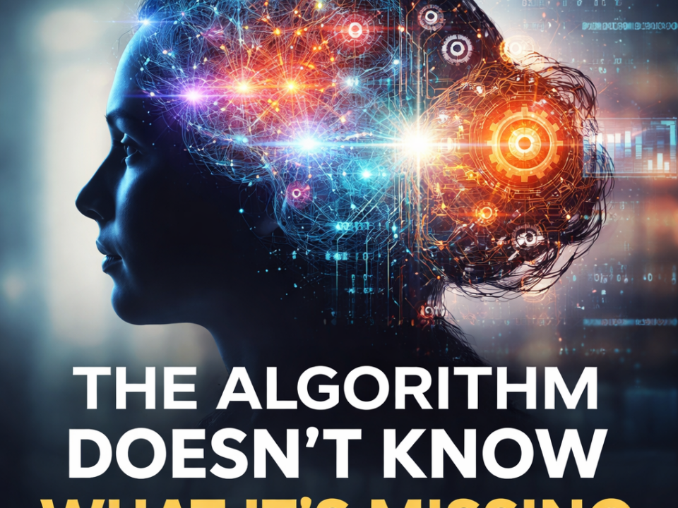 Silhouette of a woman with a digital brain design featuring colorful circuits and data elements.